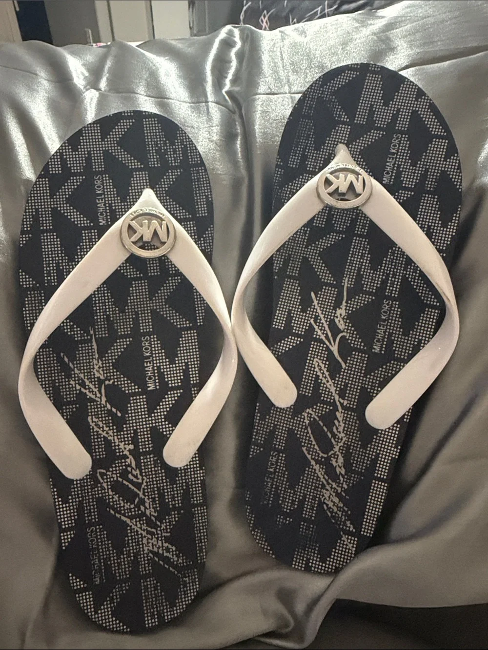 Michael Kors Navy Logo Kids Flip Flops with White Straps